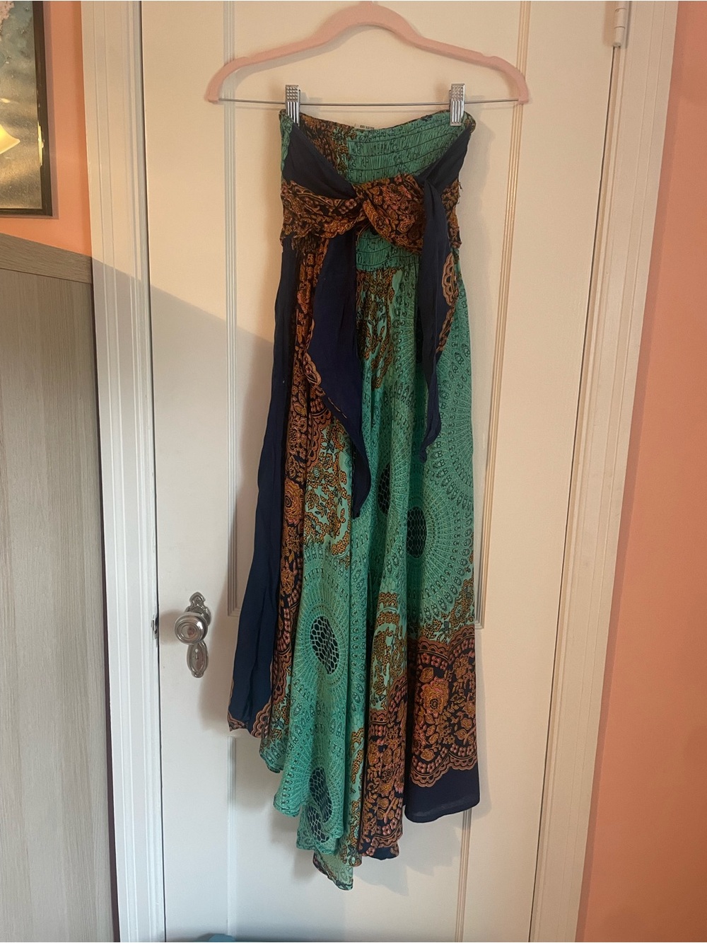 Strapless Maxi Skirt Dress in Teal & Navy with Amber Print